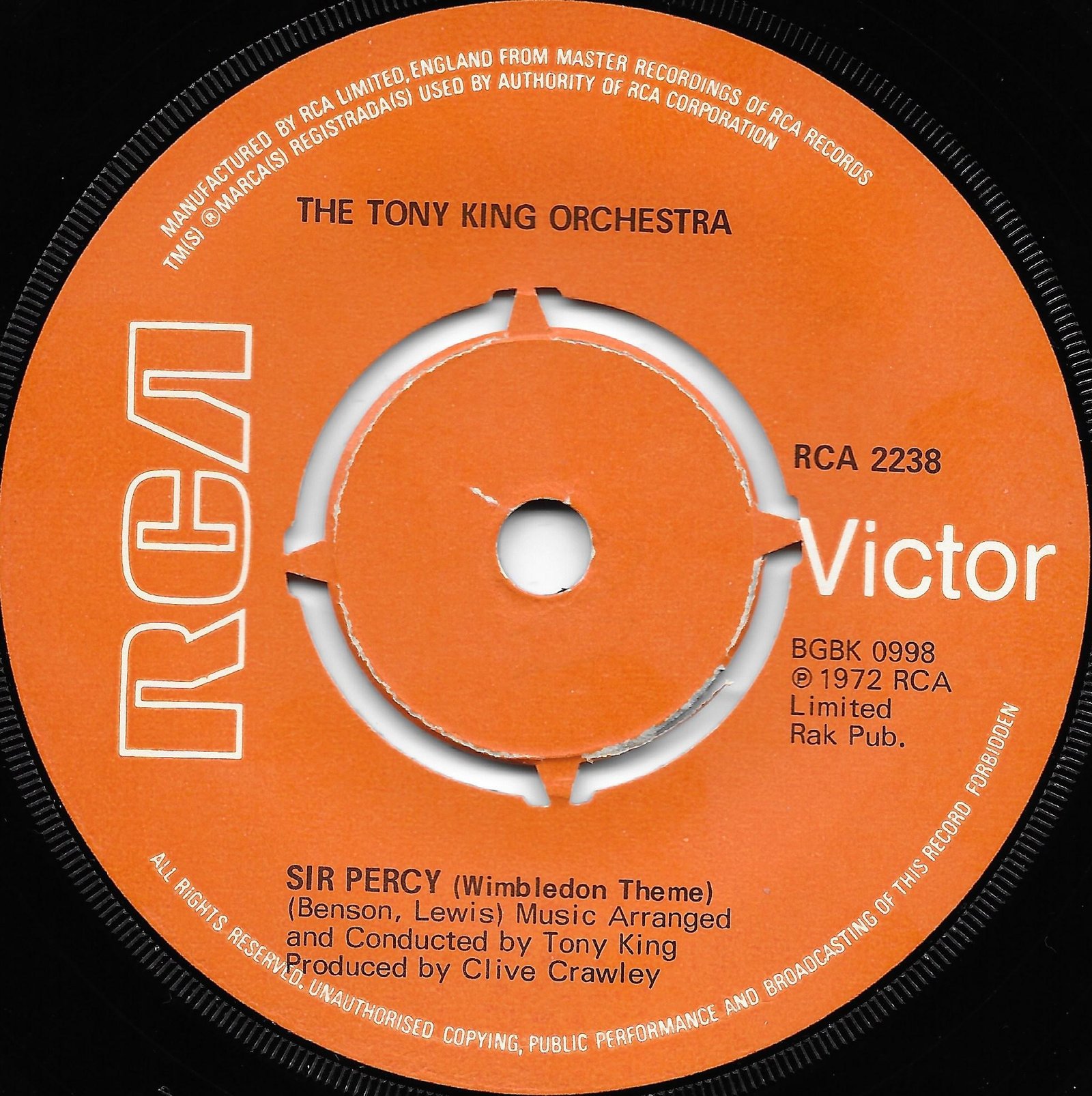 RCA 2238 Sir Percy (Wimbledon / Boxing) Benson / Lewis / The Tony King Orchestra from the BBC records and Tapes library Label